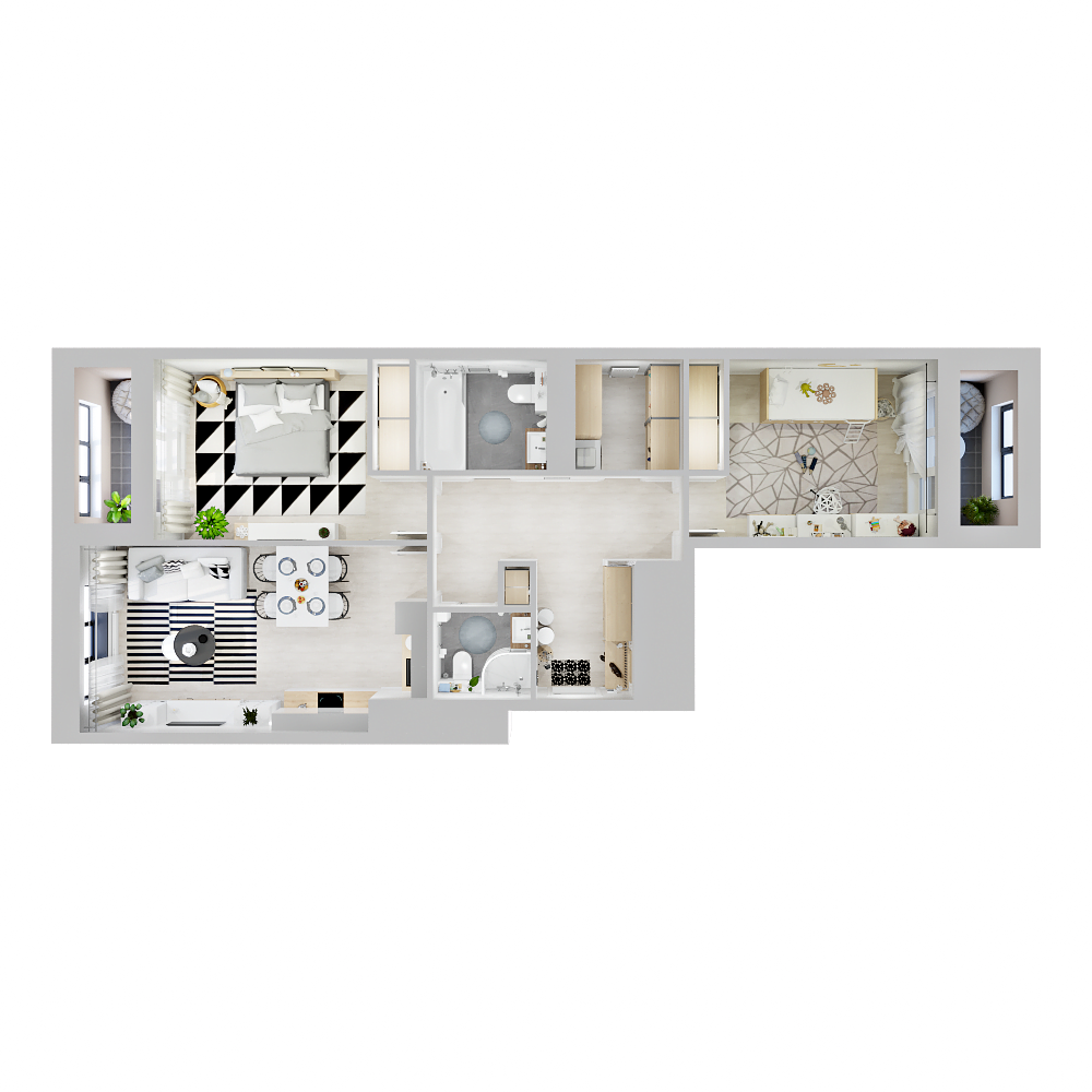 Евротрешка в стиле минимализм с большой гардеробной комнатой и двумя лоджиями 83,20 кв.м.