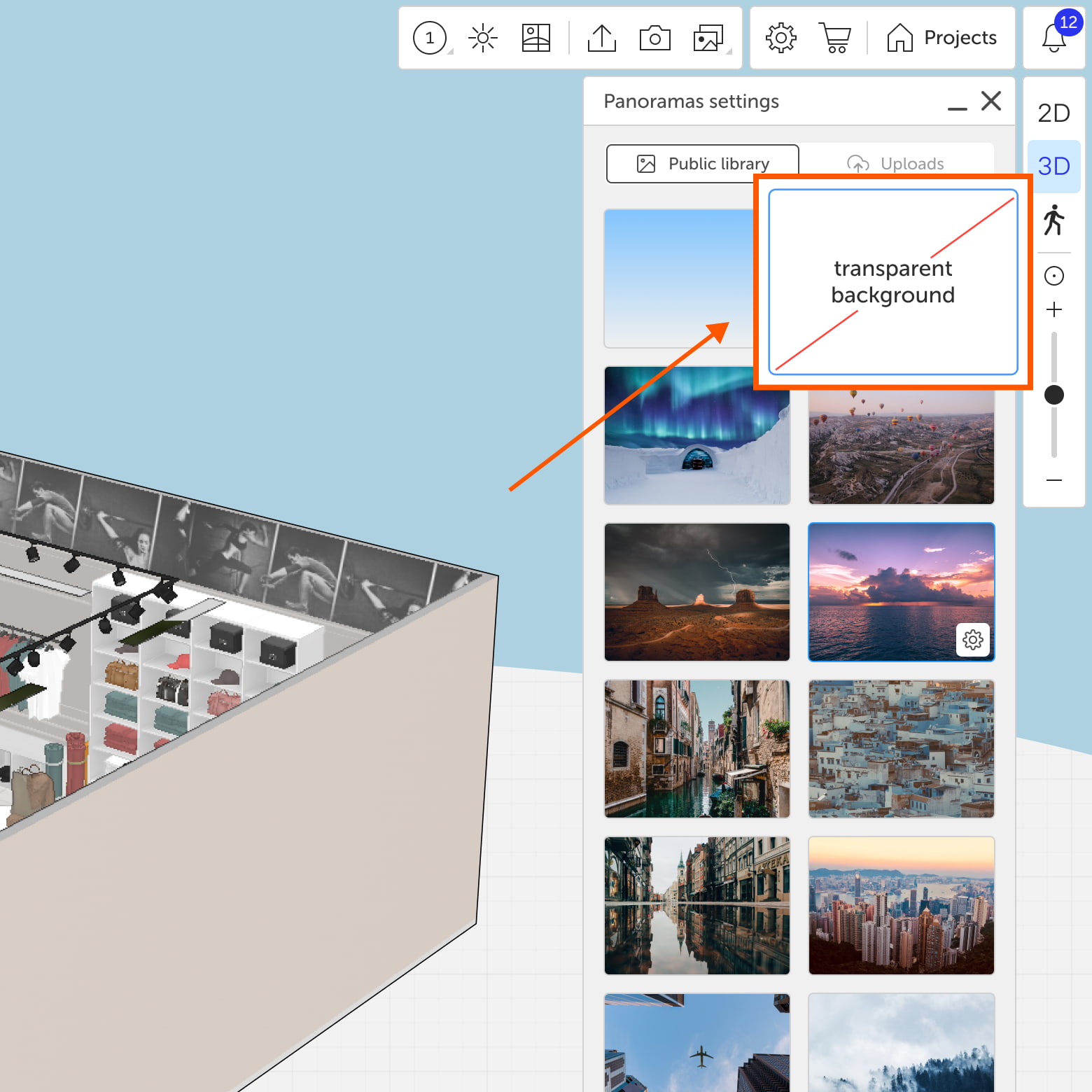 Panorama settings interface with transparent background selection