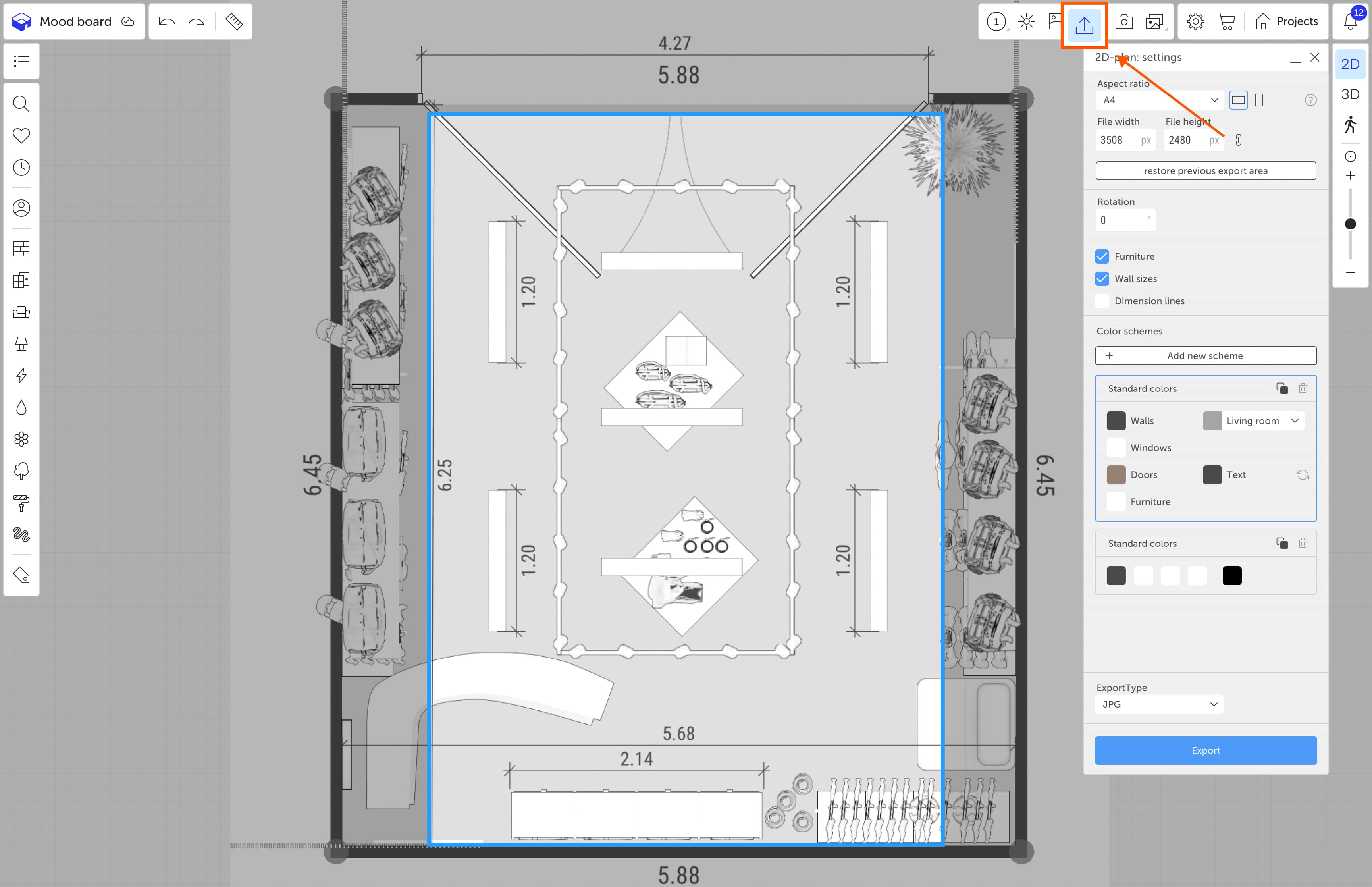 App interface with the «Export» button highlighted and the export menu open.