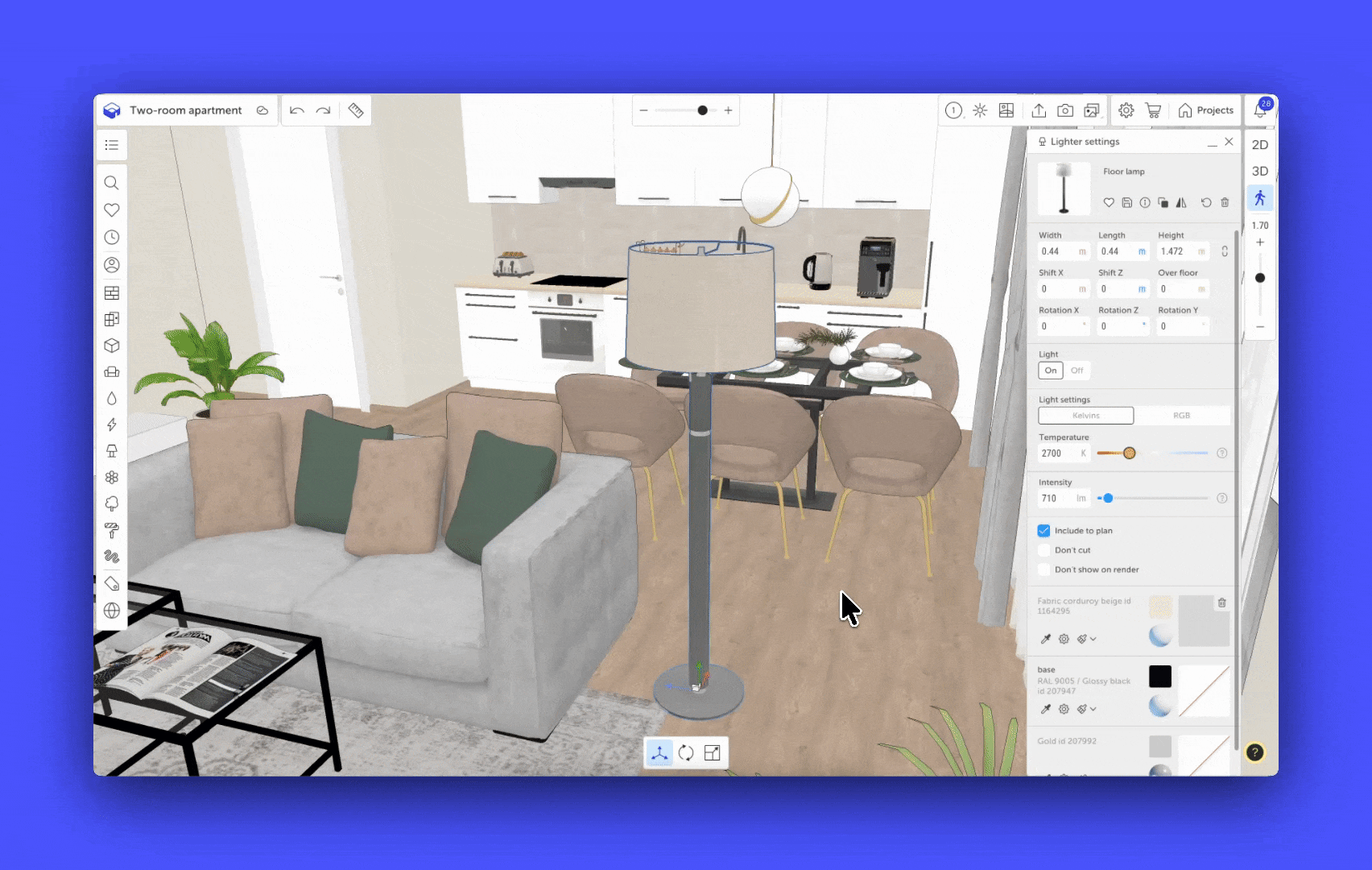 Material settings: changing color and surface type.