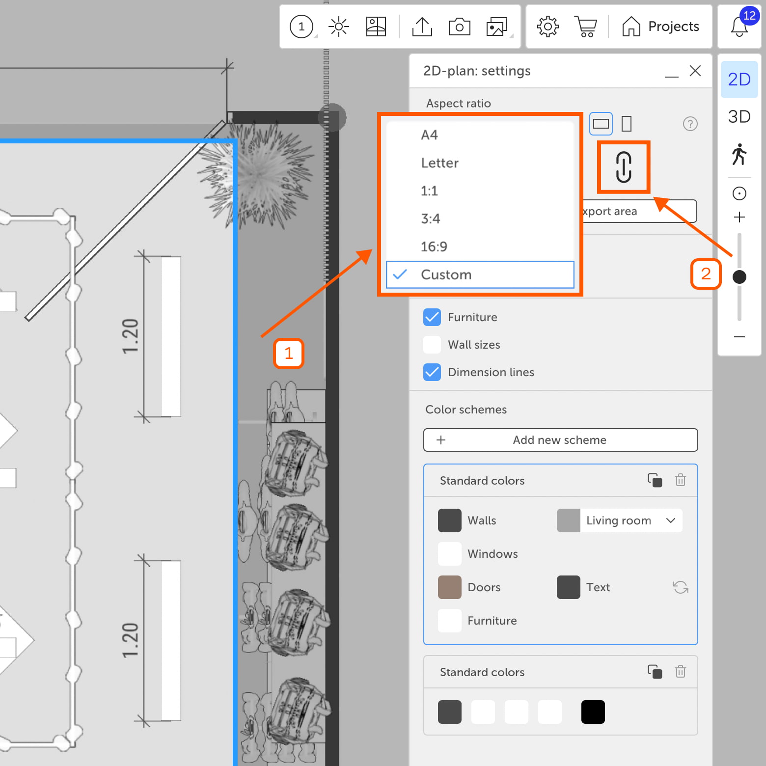 Export settings panel with the lock icon enabled, sliders, and aspect ratio presets.