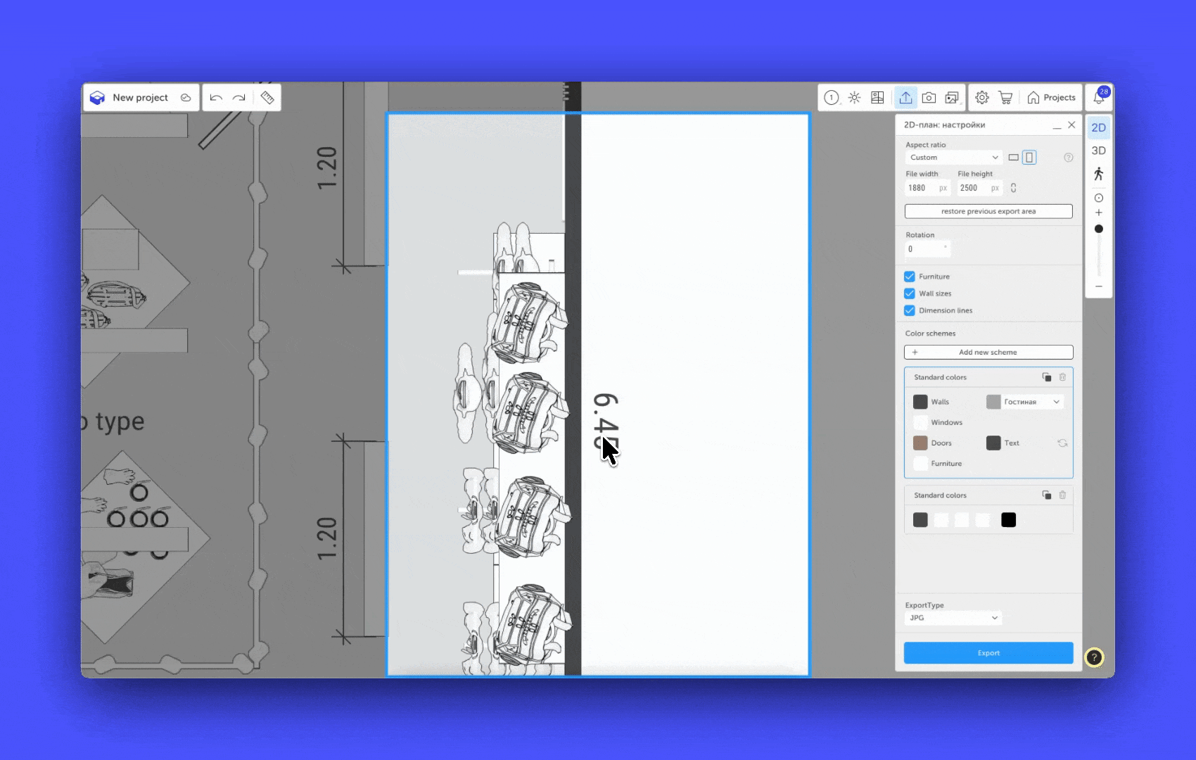 Moving the plan under the export frame with the mouse and zooming with the scroll wheel.