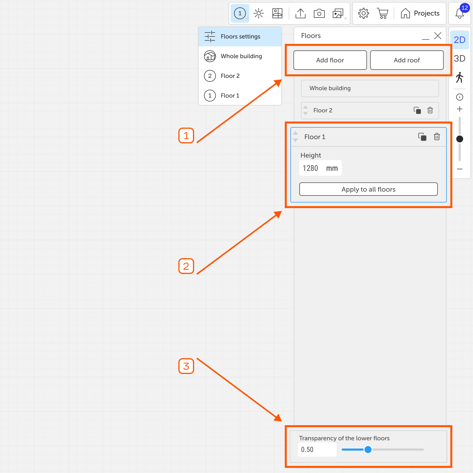 «Floors settings» panel. Labels: «Add floor» button, «Add roof» button, transparency slider, floor editing block.