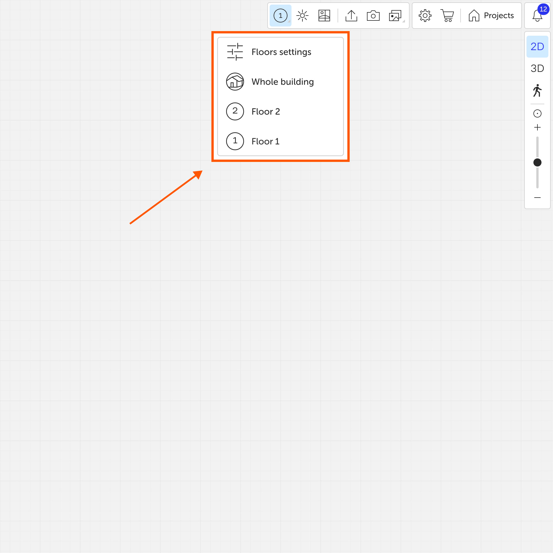Interface showing the dropdown floor menu. Labels: active floor, «Floors settings» button, «Whole building» option.