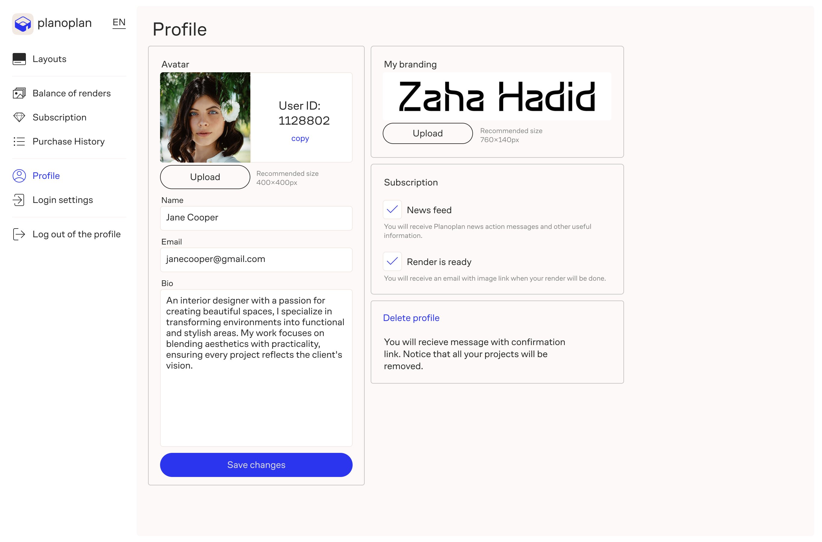 Profile interface with signatures: avatar upload, ID copying, "About Me" text field, logo customization, and notification checkboxes.