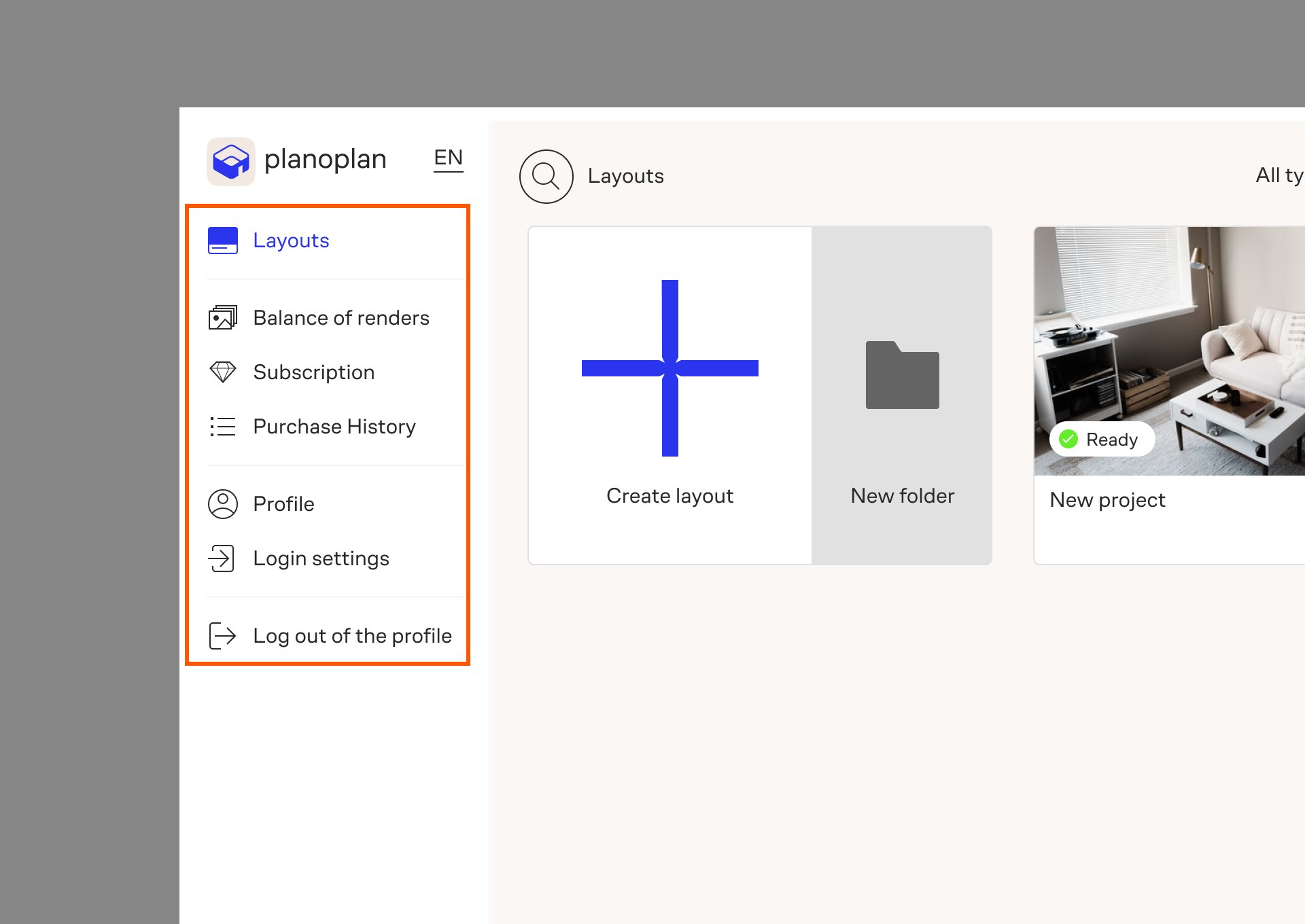 Dashboard interface with main elements highlighted: side menu, language selector, project area