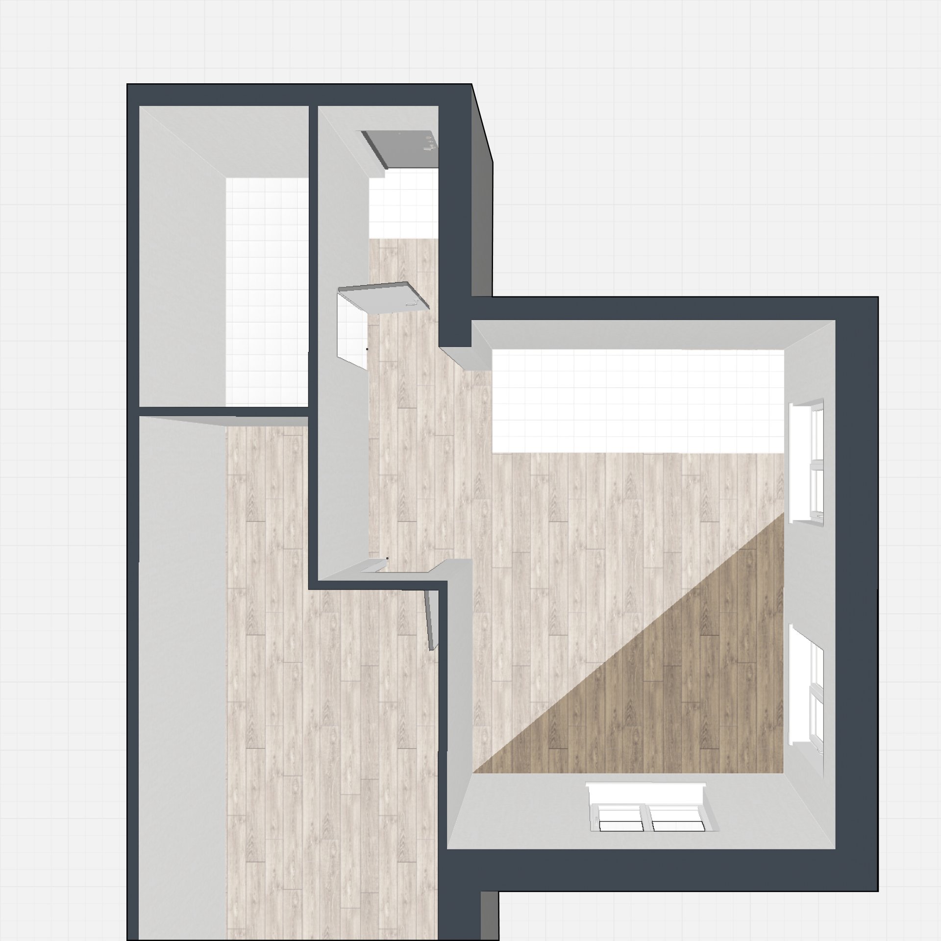 Схема, показывающая использование стен с высотой 0 для выделения зон на полу, с разными текстурами (например, плитка и паркет)