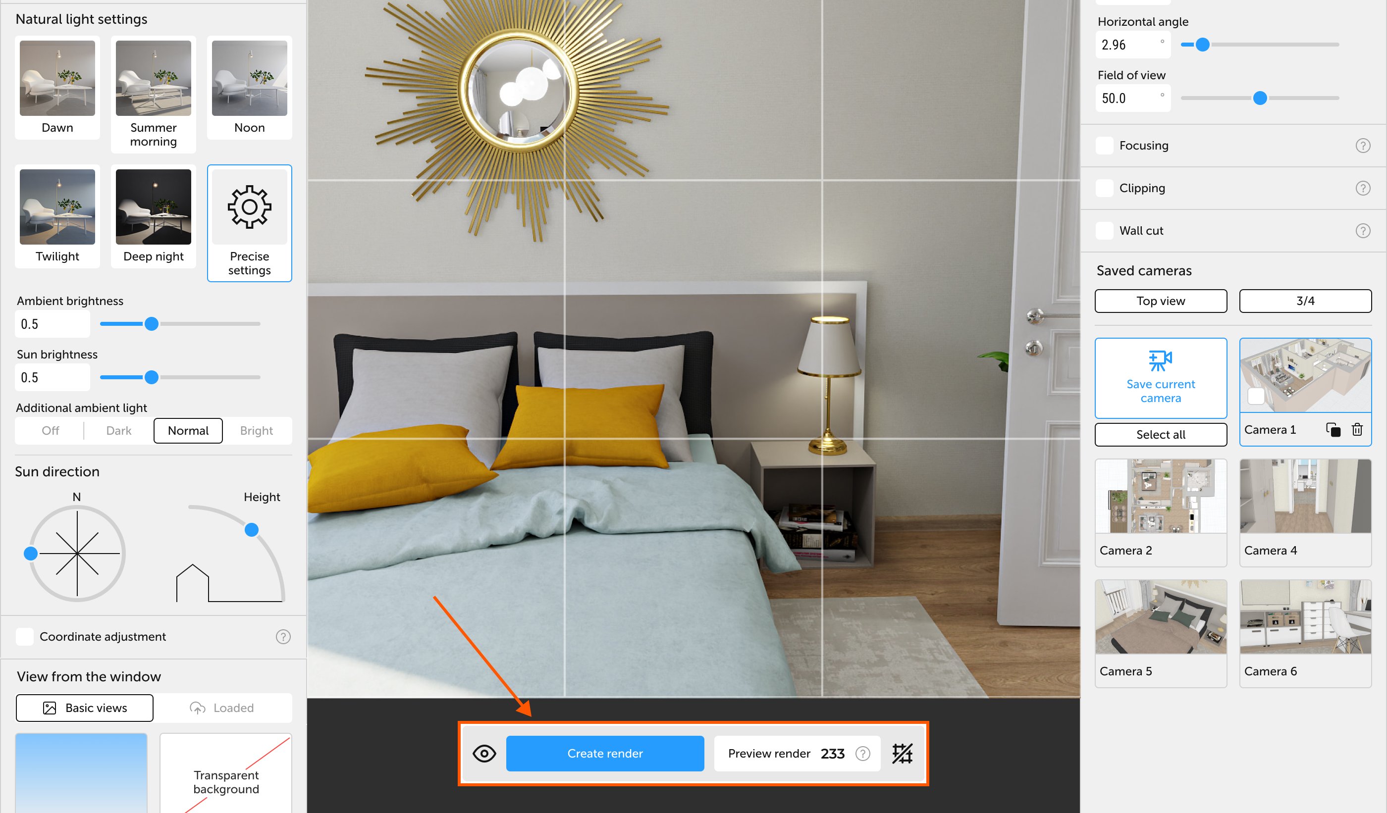 UI with «Create render» and «Preview render» buttons highlighted