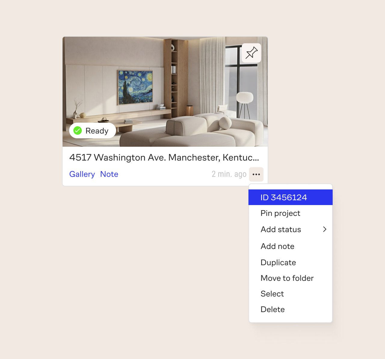 Screenshot of the “Layouts” tab in the Personal Account showing the highlighted project card, three dots icon, and drop-down menu with the project ID
