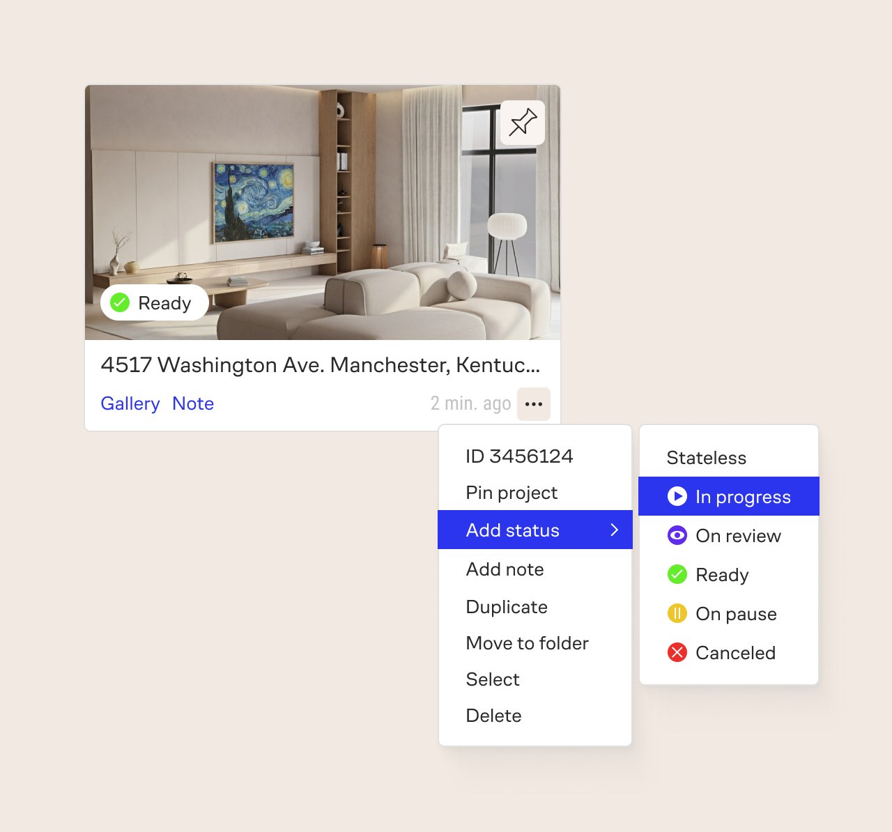 Example of a project with a set status and open status menu