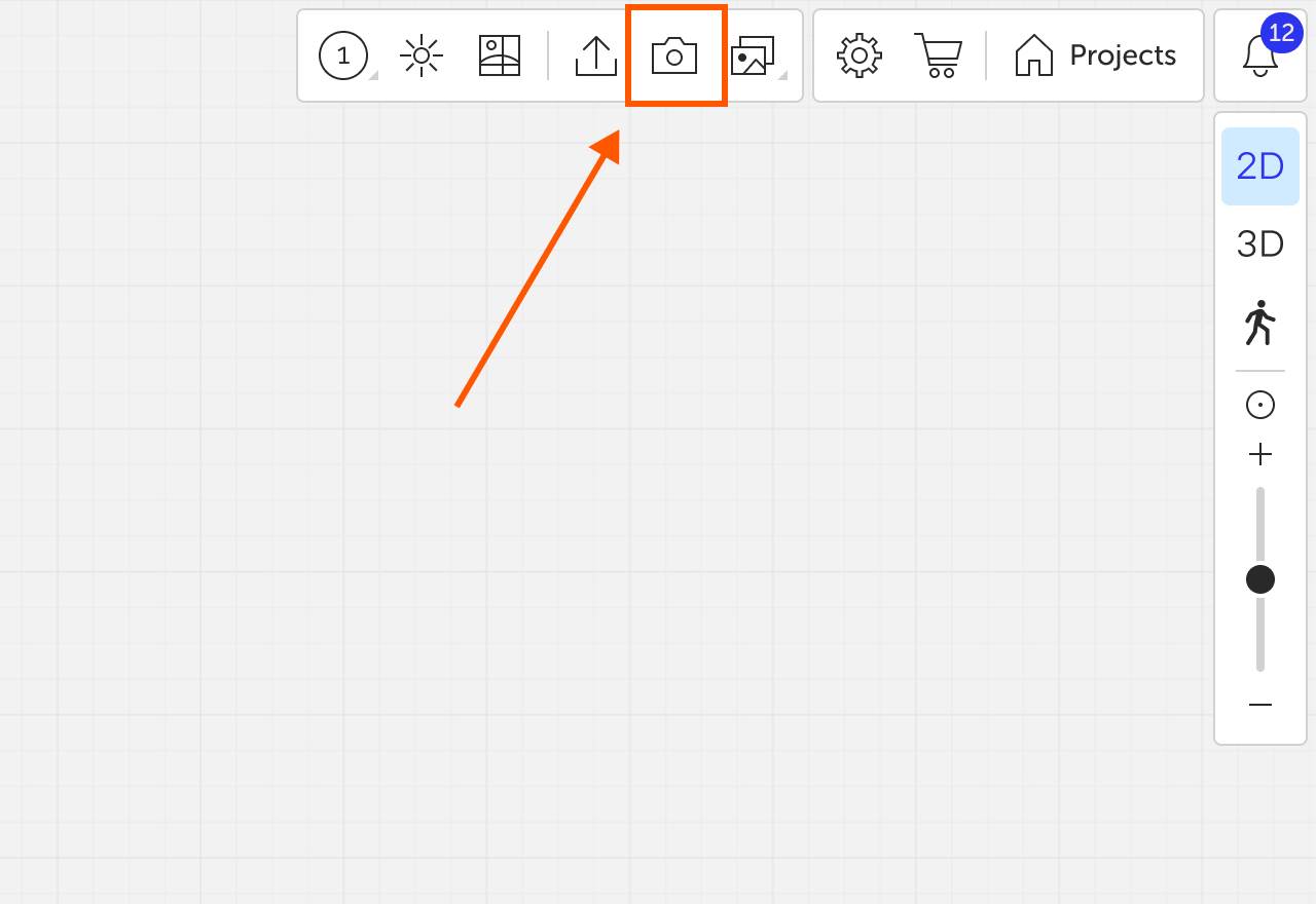UI screenshot with the camera icon highlighted in the top toolbar