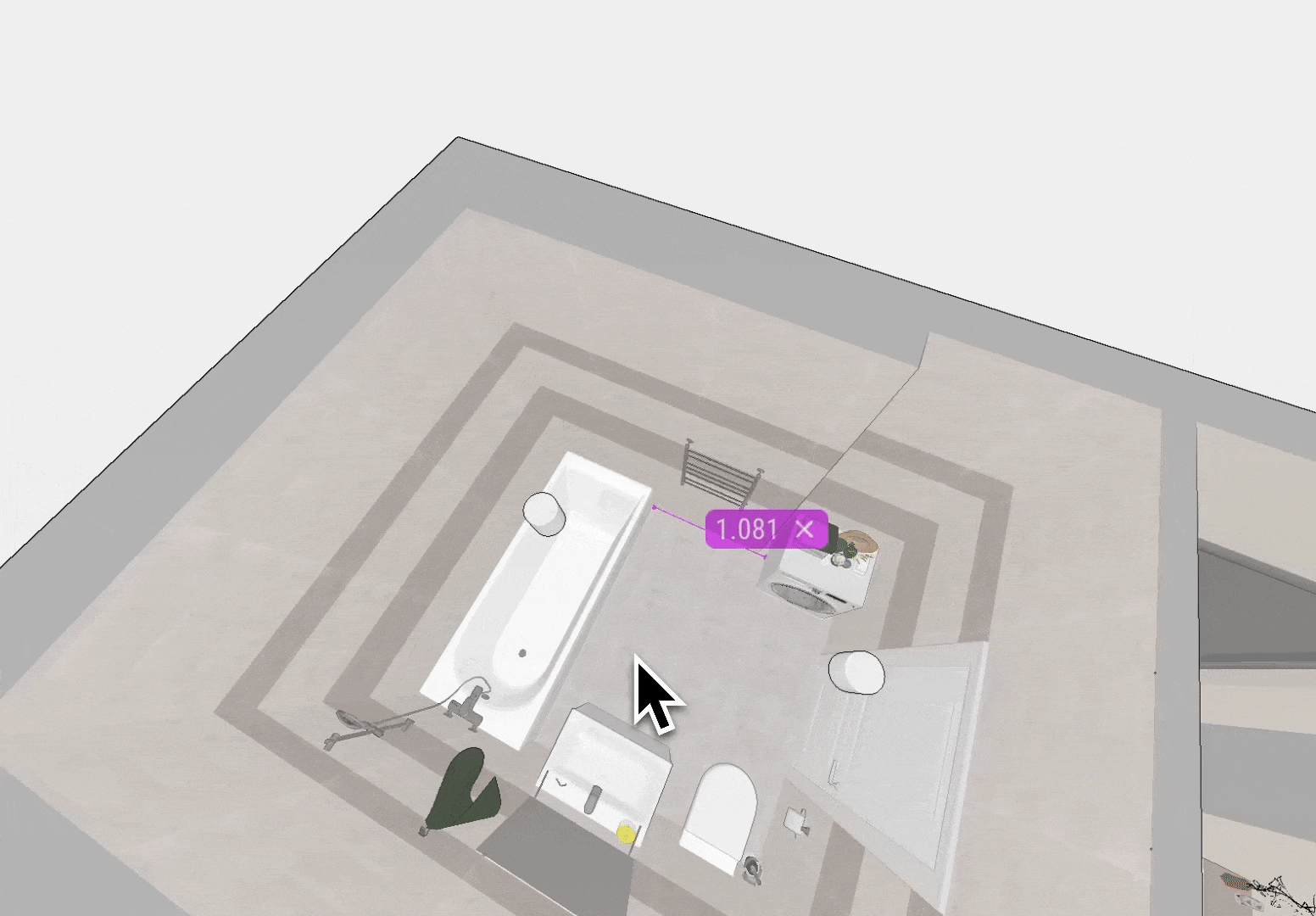 Screenshot showing the «Ruler» active in 3D, with the camera angle changing so that the label disappears from view.