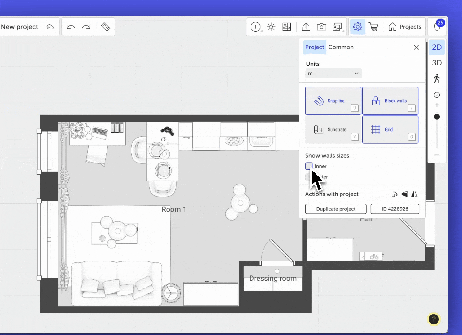 Enabling this option and the visual result: wall dimensions appear on the plan.