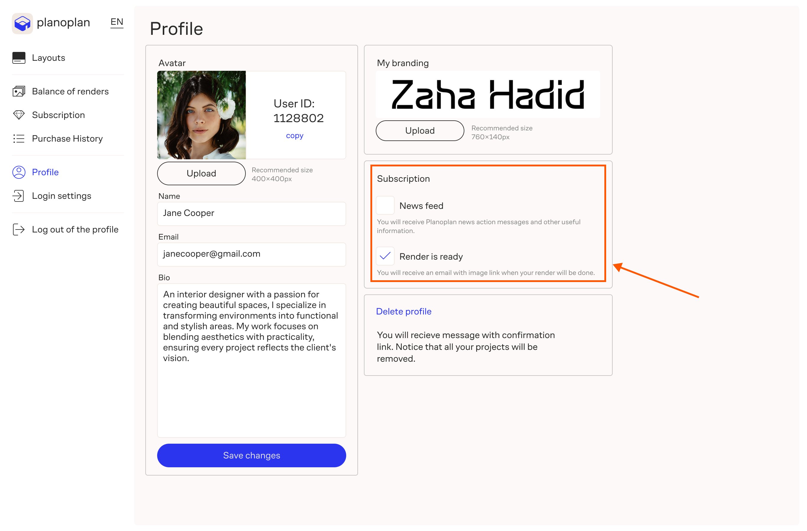 Screenshot of the «Profile» tab in the personal account, showing the «Subscriptions» section with active/inactive checkboxes.