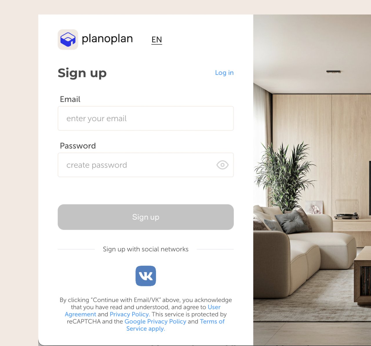 Registration form with labeled fields — email, password, «Sign up» button.