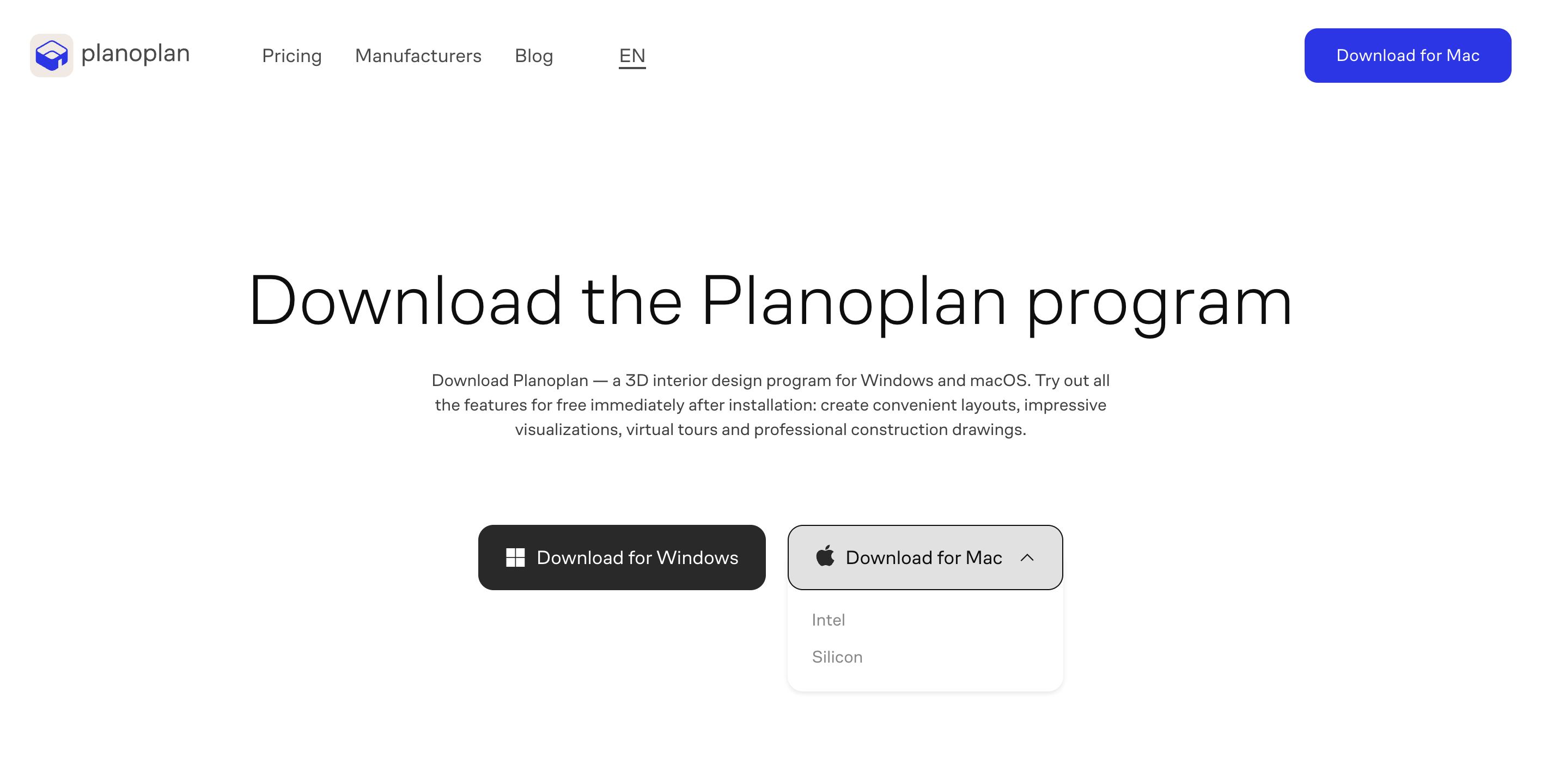 Planoplan "Download" page screenshot