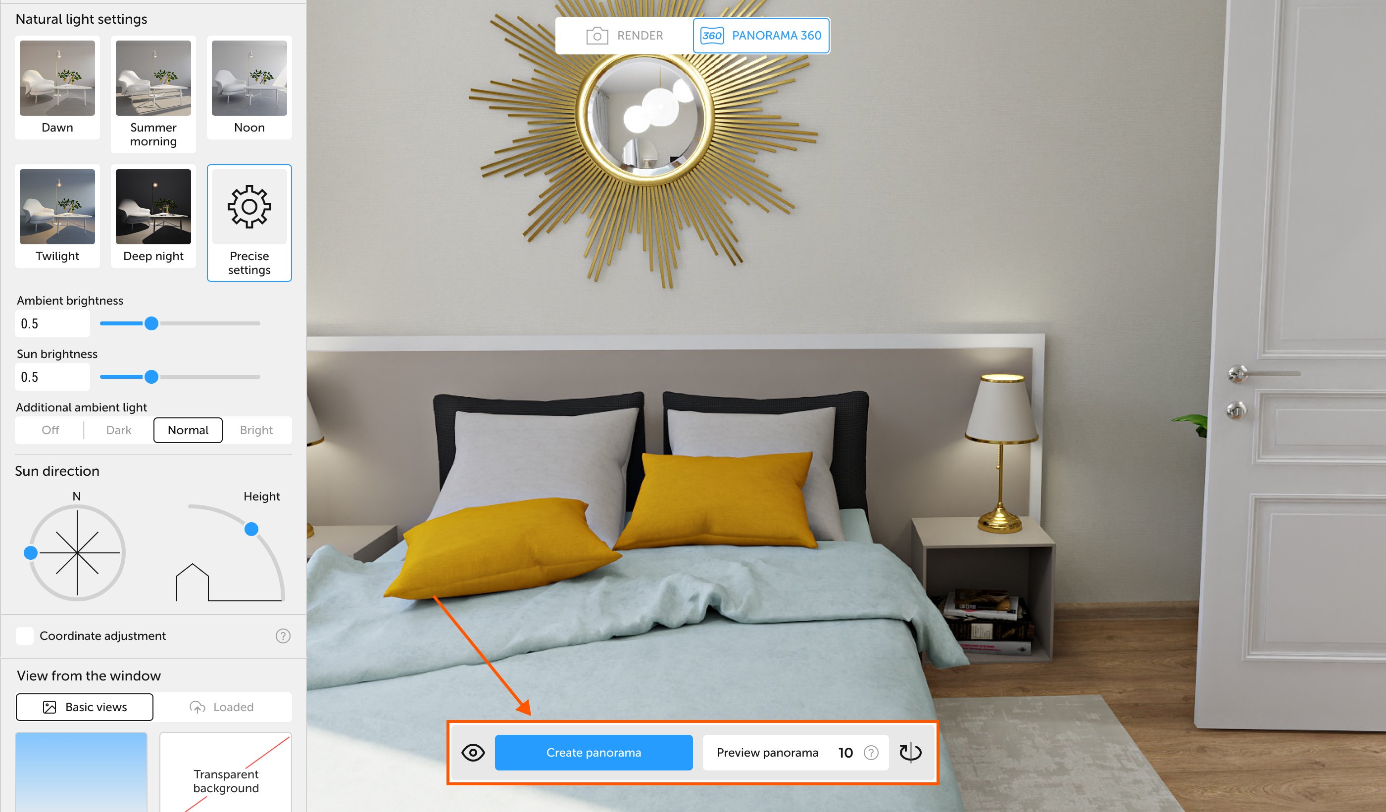 Panorama 360 menu interface with resolution selection area and «Preview» and «View» buttons highlighted]
