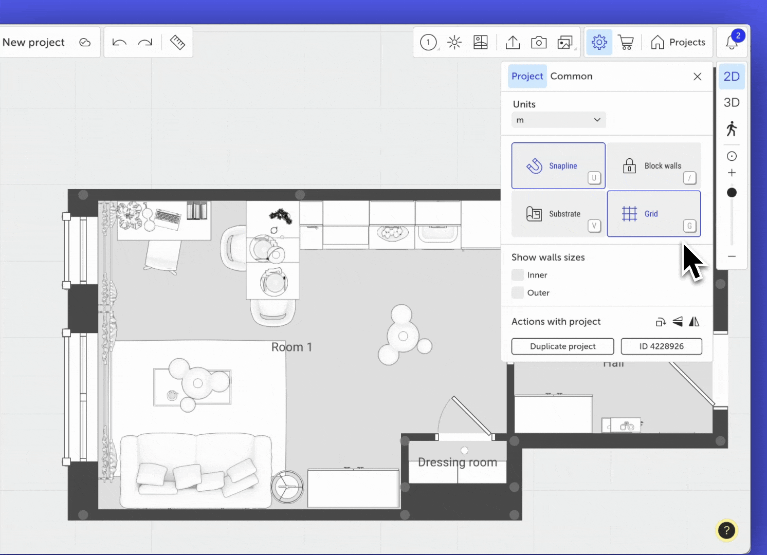 Demonstrates enabling/disabling the grid and «Block walls» mode, and how it affects wall behavior in 2D.