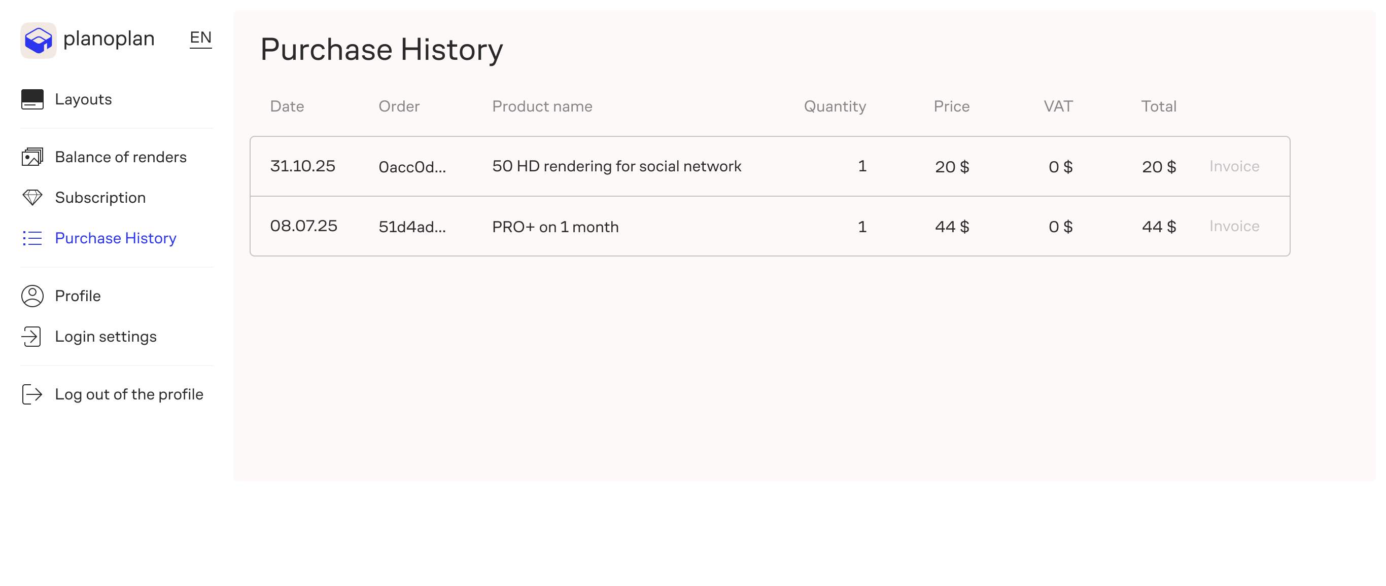 [Image]: A sample fragment of the purchase history table with all columns filled.