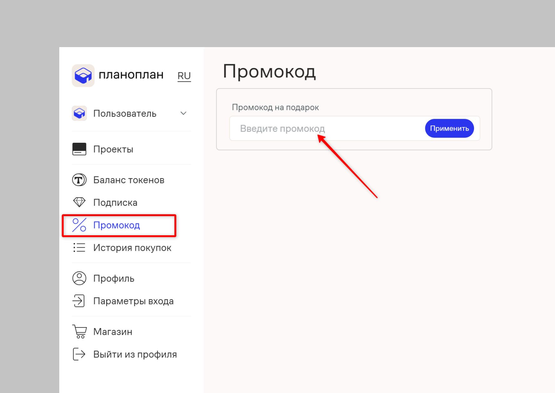 Фрагмент интерфейса с полем ввода промокода и пояснением, где его найти.