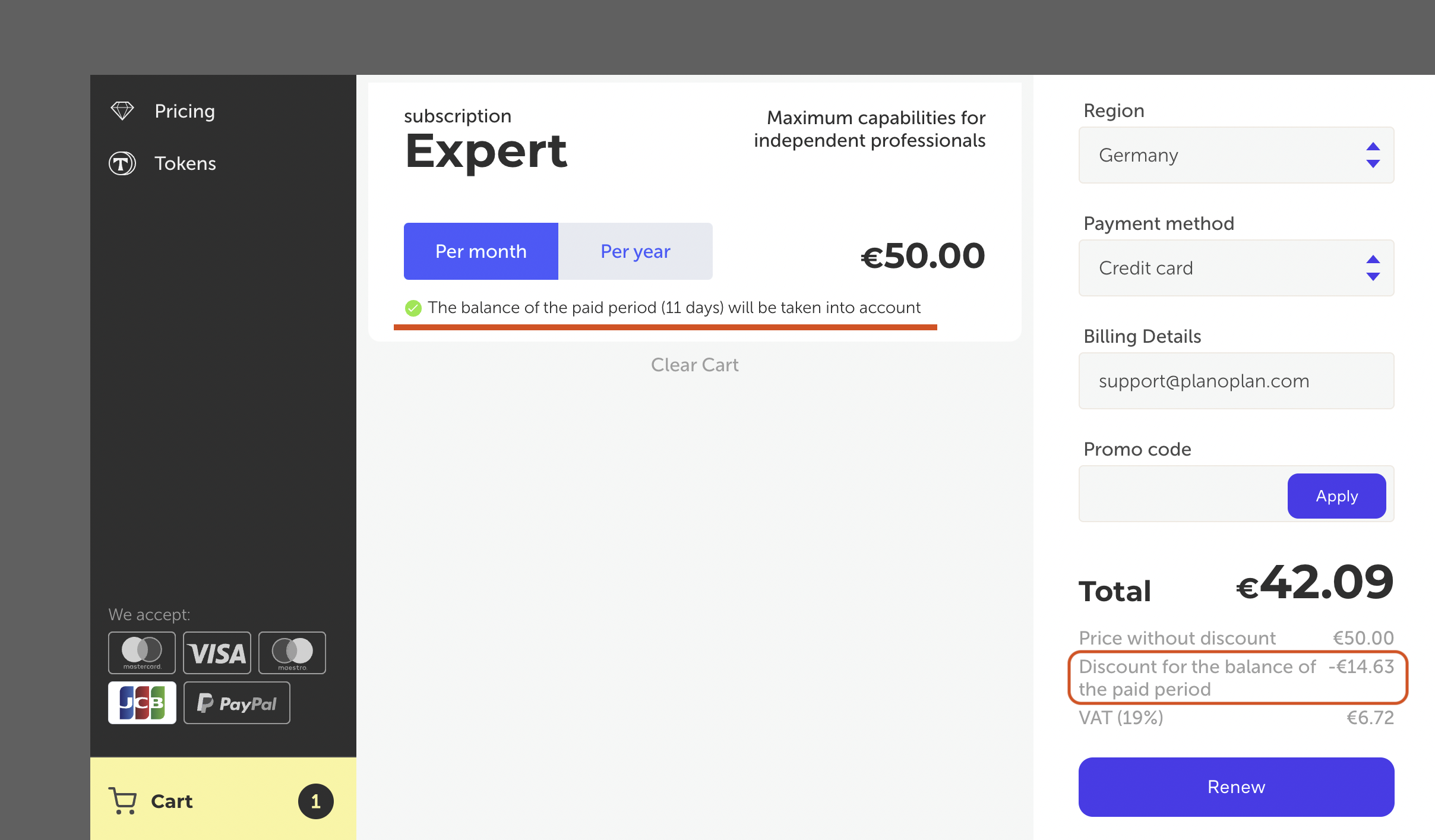 The cart window showing a message about the remaining days being applied as a discount and the final discounted price.