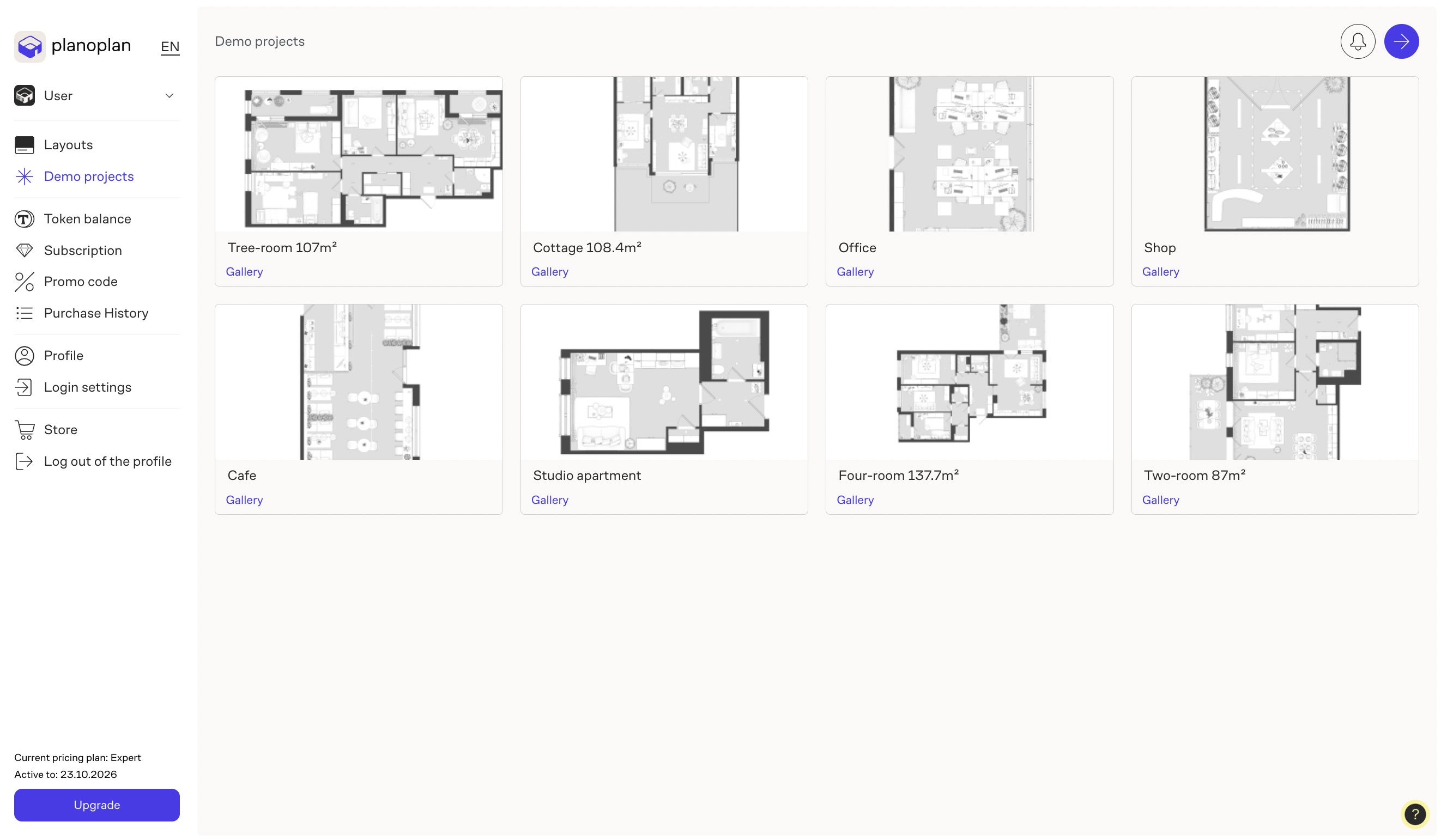 The personal account interface with the demo projects tab open