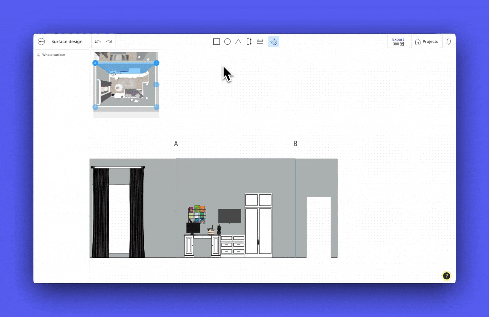 Resizing a surface using workspace controls and proportional scaling while holding the Shift key. Adjusting the extrusion value to create protrusions and recesses. 