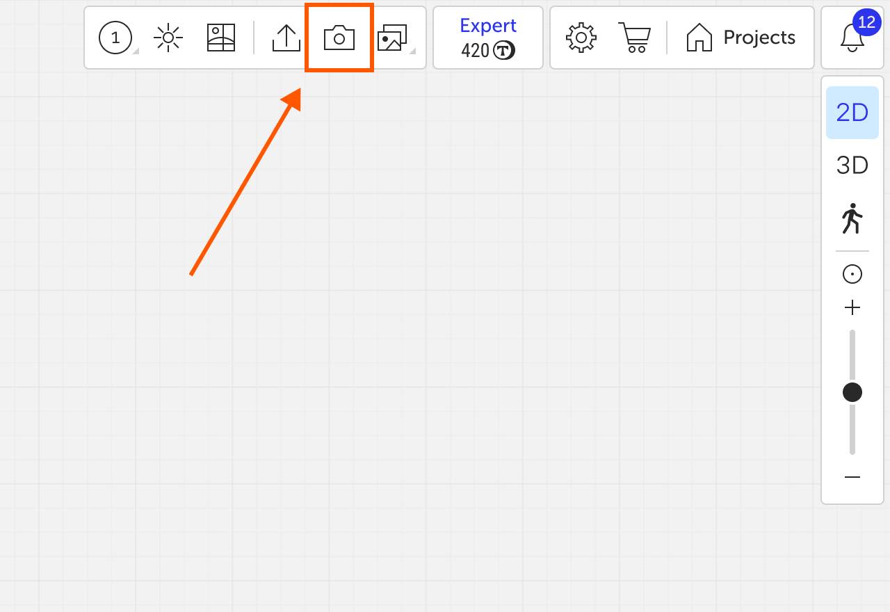 UI screenshot with the camera icon highlighted in the top toolbar