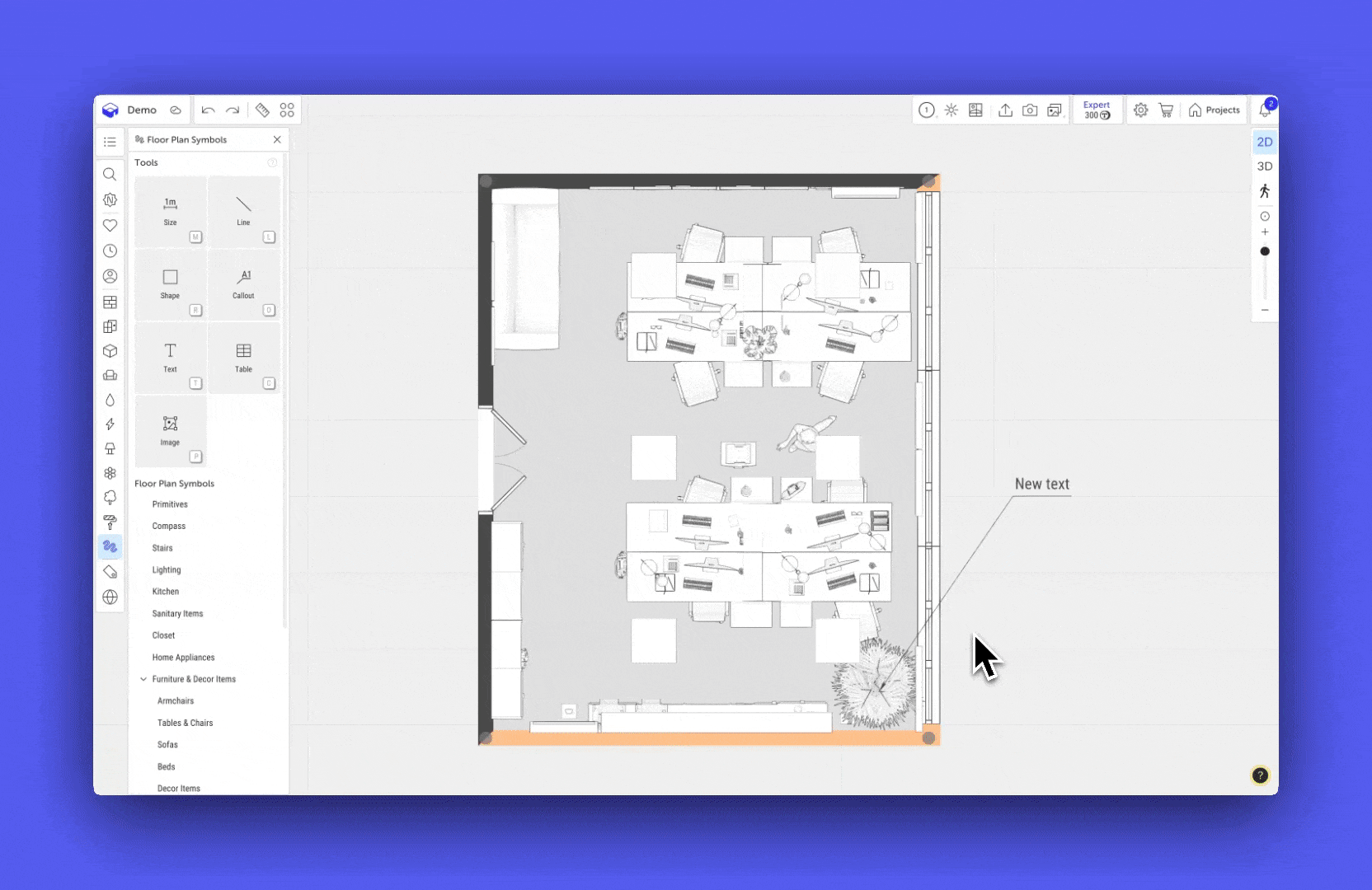 Enter text, wrap to a new line, and add the area designation «m²». Change the leader color and the beginning style.