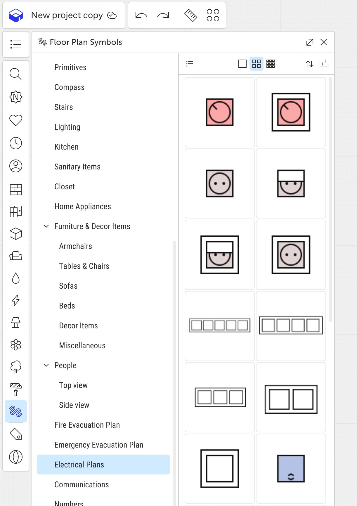 SVG symbol categories shown in the catalog (interface with example icons open).